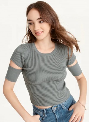 Agave Green Women's Dkny Cut Out Knit T Shirts | 361PQNOKE