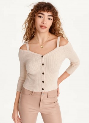 Beige Women's Dkny Long Sleeve Cold Shoulder Sweaters | 908ROHDXQ