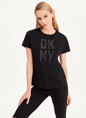 Black/Black Women's Dkny Rhinestone Glitter Logo T Shirts | 581DBEJNH