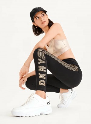 Black/Gold Women's Dkny High Waist Full Length High Density Logo Leggings | 246HULTQW
