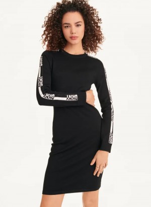 Black/Ivory Combo Women's Dkny Long Sleeve Crewneck Sweater W/ Logo On Sleeves Dress | 259PFYKBS