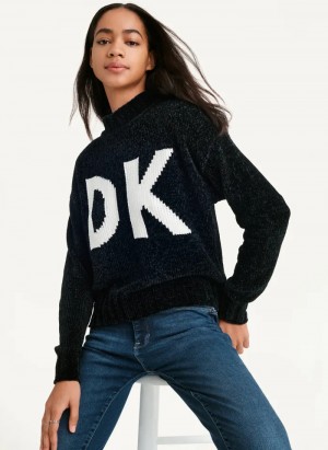 Black/Ivory Women's Dkny Chunky Chenille Logo Sweaters | 326AECPMV