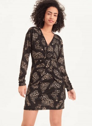 Black/Pecan Women's Dkny V-Neck Printed Dress | 934MRAKBZ