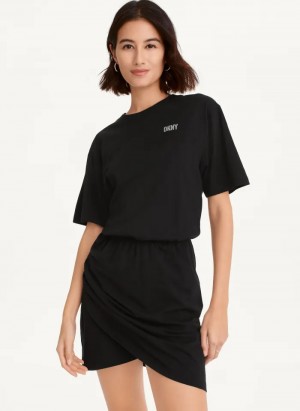 Black/Silver Women's Dkny Rhinestone Logo T-Shirt Dress | 879AXMZCJ