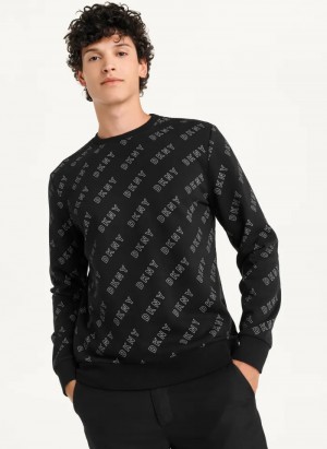 Black Men's Dkny All Over Logo French Terrycrewneck Sweaters | 684RTUNEP