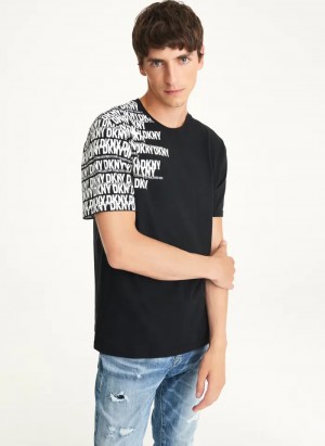 Black Men's Dkny Asymmetrical Sleeve Logo T Shirts | 369REUFQS