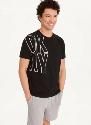 Black Men's Dkny Exploded Logo Outline T Shirts | 374YLGSDV