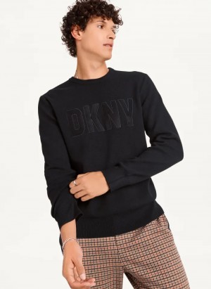 Black Men's Dkny Faux Leather Applique Crew Sweaters | 824MFXEKB
