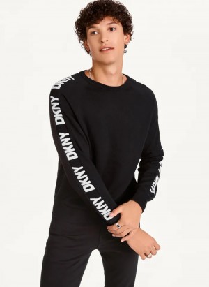 Black Men's Dkny Knitted Logo Sleeve Tape Crew Sweaters | 893ENPKUV