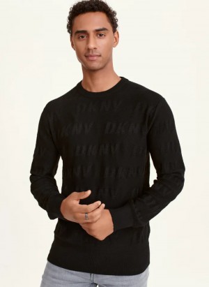 Black Men's Dkny Long Sleeve Allover Logo Crew Sweaters | 320OSYDQF