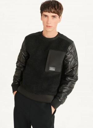 Black Men's Dkny Quilted Sleeve Crew Neck Sweaters | 719KAEQOS