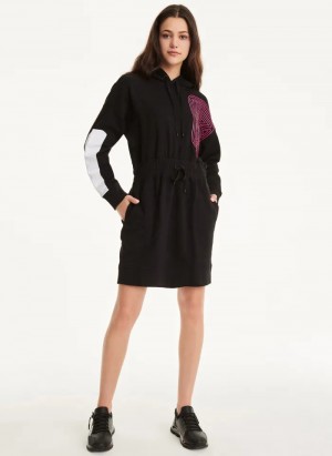 Black Women's Dkny Cotton French Terry Hooded Dress | 094DXWLOF