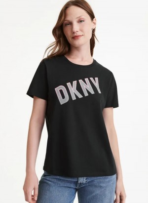 Black Women's Dkny Diagonal Sequin Border T Shirts | 749CWPHMR