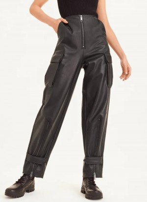 Black Women's Dkny Faux Leather Cargo with Zipper Detail Pants | 462PUASXR