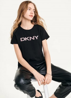 Black Women's Dkny Glitter Logo T Shirts | 246PICSQM