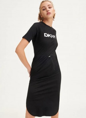 Black Women's Dkny Logo Drawstring Waist Dress | 617RFPXAH