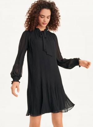 Black Women's Dkny Long Sleeve Pleated A-Line Dress | 150XNJMBH