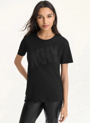 Black Women's Dkny New Rhinestone T Shirts | 149LNMDOK
