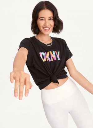 Black Women's Dkny Pride Logo Knot Front T Shirts | 634TKHVXN