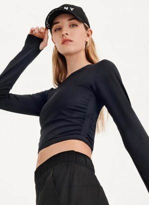 Black Women's Dkny Seamless Long Sleeve + Ruched Side Seams Pullover | 071CAFBDU