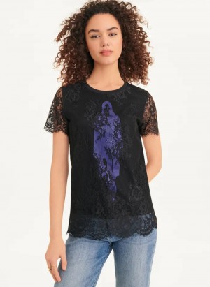 Black Women's Dkny Short Sleeve Lace Overlay T Shirts | 280KSPAQD