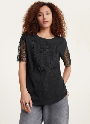 Black Women's Dkny Short Sleeve Logo Drip With Crystal Mesh Sleeves T Shirts | 425OHBXSJ