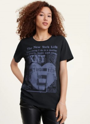 Black Women's Dkny Short Sleeve Newspaper T Shirts | 826YQNUFW