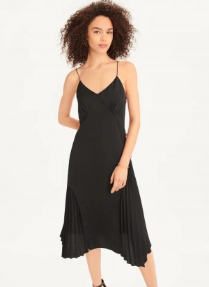 Black Women's Dkny V-neck Asymmetrical Pleated Dress | 781EDUHNB