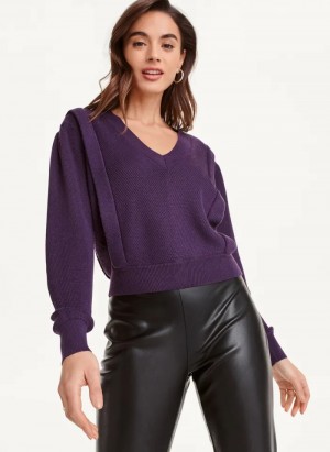 Blackberry Women's Dkny Long Sleeve V-Neck Flange Sweaters | 016EFJQVN