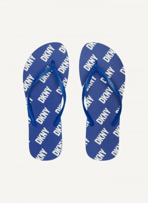 Blue Men's Dkny Allover Logo Flip Flops | 149LBFMKX