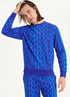 Blue Men's Dkny Exploded Allover Logo Crew Sweaters | 901XZQEKM