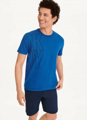 Blue Men's Dkny Exploded Logo Outline T Shirts | 897XAEFTG