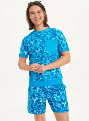 Blue Men's Dkny Water Print Crew T Shirts | 748YHFGTN