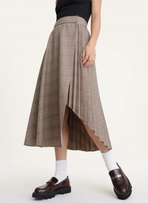 Brown Combo Women's Dkny Pleated Wrap Midi Skirt | 102UBYCJV