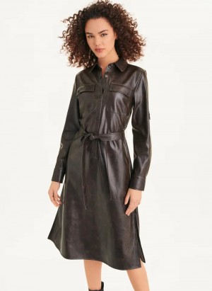 Brown Women's Dkny Long Sleeve Faux Leather Dress | 605HGSIUO