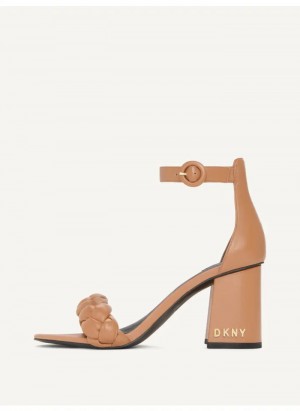Caramel Women's Dkny Braided Ankle Strap Block Heels | 291MGDPUZ