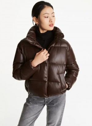 Dark Brown Women's Dkny Faux Leather Hooded Puffers | 190IFUXDE