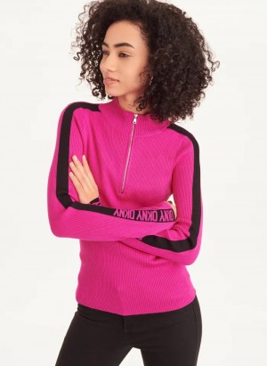 Electric Fuschia/Black Women's Dkny Long Sleeve Half Zip Logo Tape Sweaters | 056PITAZV