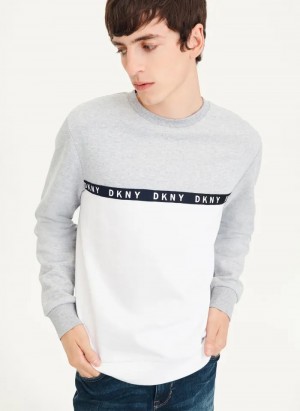 Grey/White Men's Dkny Logo Fleece Crew Sweaters | 560NOBDKU