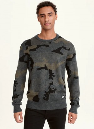 Grey Men's Dkny Camo Crew Sweaters | 419VUZPIK