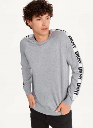 Grey Men's Dkny Knitted Logo Sleeve Tape Crew Sweaters | 491KPSLWC