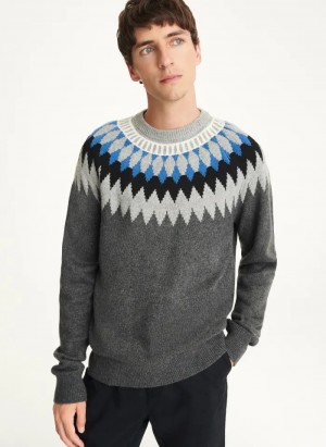 Grey Men's Dkny Nordic Yoke Sweaters | 026TBPJXW