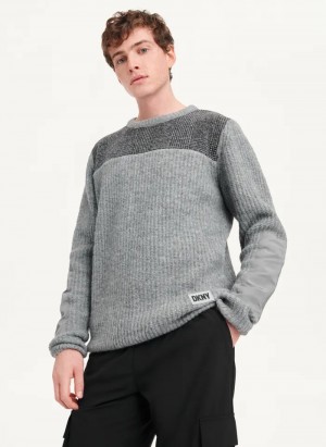 Grey Men's Dkny Plaid Panel Rib Sweaters | 950RNLGSY
