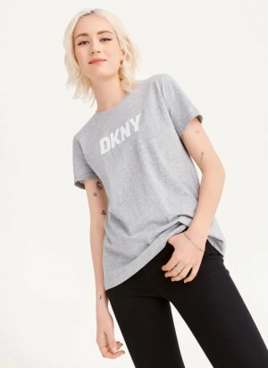 Grey Women's Dkny Foundation Logo T Shirts | 723RYTUKG