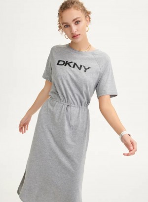 Grey Women's Dkny Logo Drawstring Waist Dress | 836DJZGLA