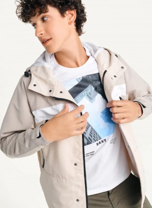 Khaki Men's Dkny Nylon Zip Front Hooded Jacket | 351YWVTPR
