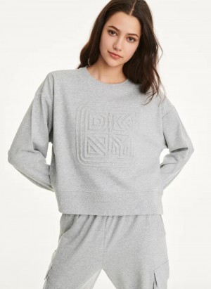 Light Grey Women's Dkny Cotton Jersey Crew With Logo Embossing Sweatshirts | 281ASVNPC