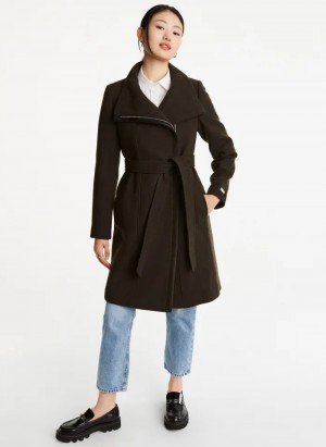 Loden Women's Dkny Wrap Wool Leather Trim Coats | 234OUYLFH