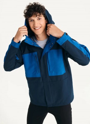 Navy Men's Dkny Nylon Colorblock Four-Pocket Hooded Jacket | 094BTLDZA