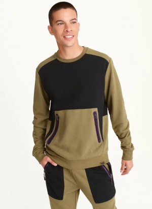 Olive Black Men's Dkny Long Sleeve Color Block Crew Neck Sweaters | 037ZLNAMC